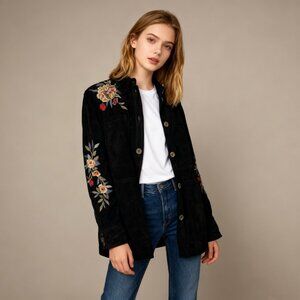 NWOT Johnny Was Suede Embroidered Floral Coat Jacket Pockets Black Size S